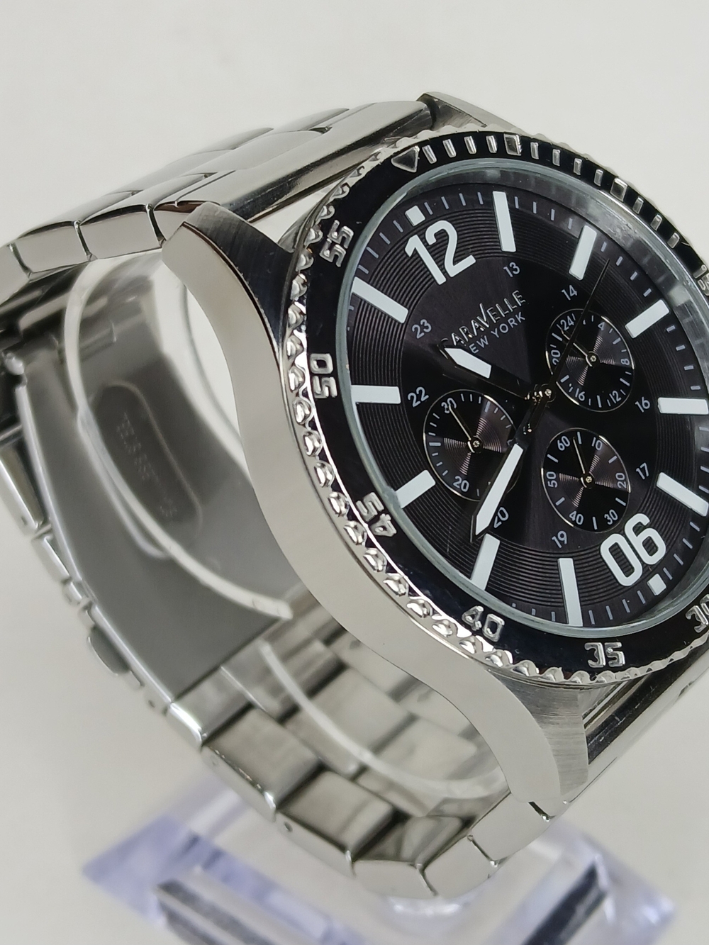 Caravelle New York Mens Quartz Chronograph Watch Black Dial Stainless Steel
